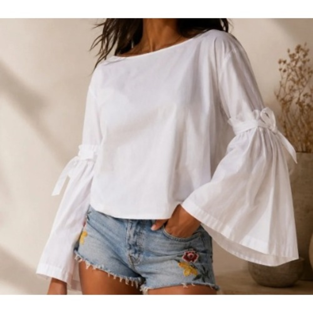 Free‎ People Blouse White S Women Tie Back Bell Sleeve 100% Cotton Boho